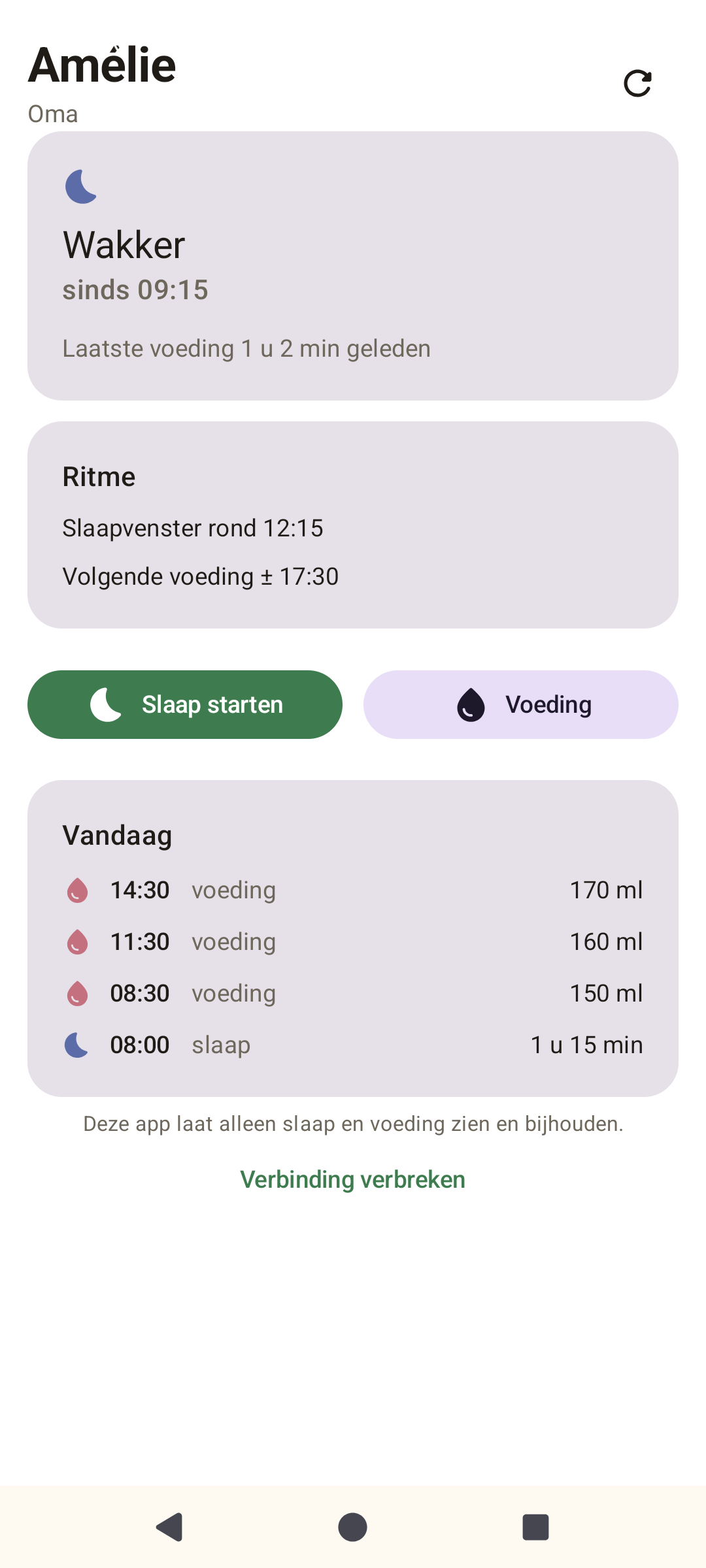 Kiemly Oppas dagoverzicht op Android