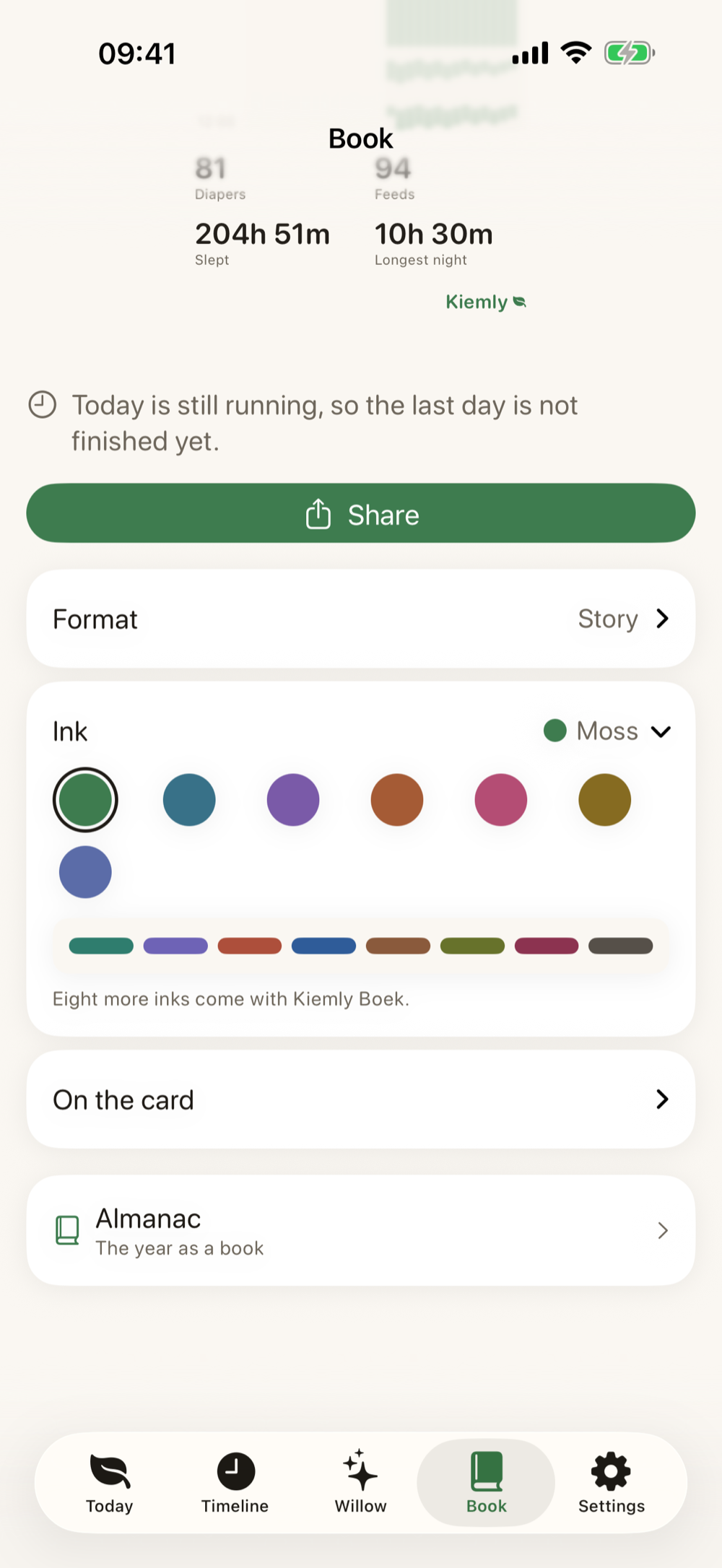 Choosing inks in the Book in Kiemly on iPhone