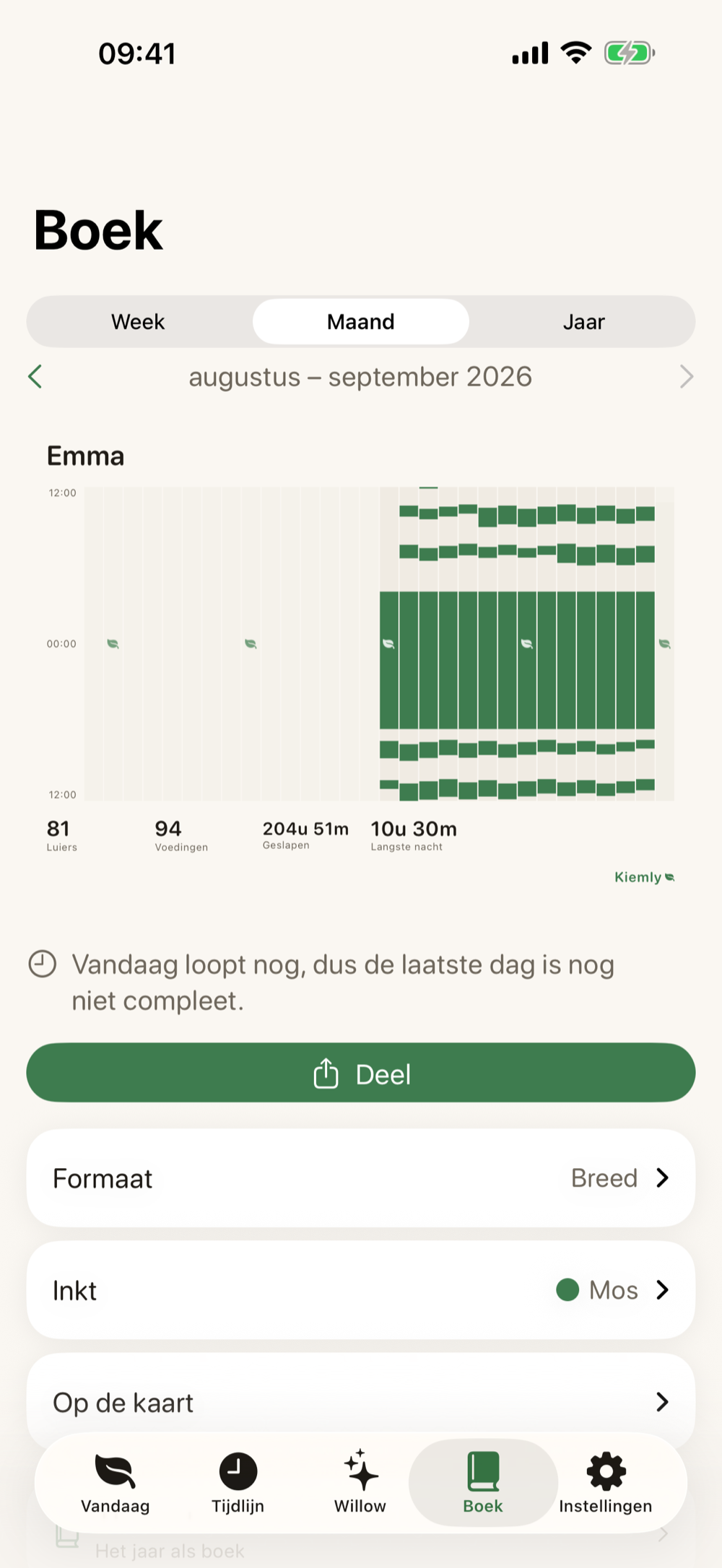 De maandkaart van het Boek in Kiemly op iPhone
