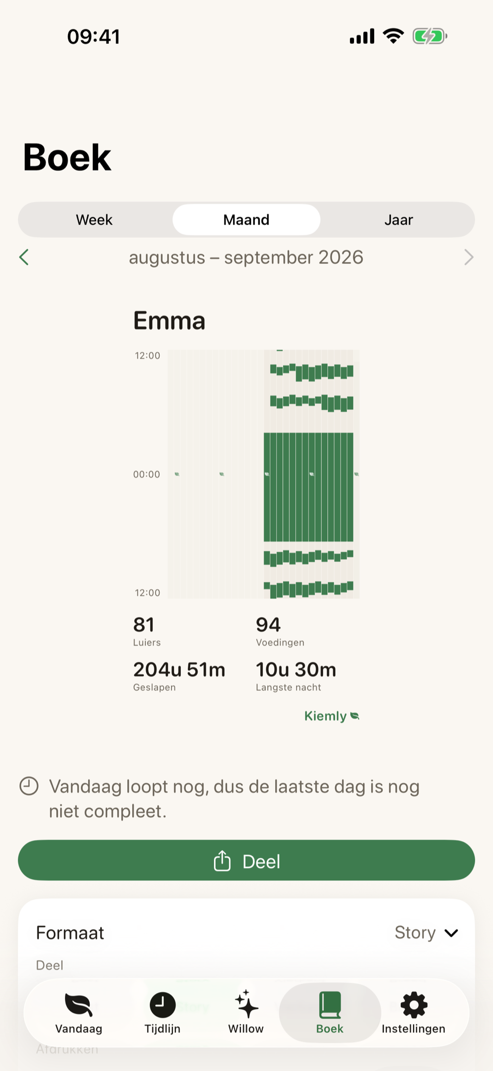 Formaten kiezen in het Boek in Kiemly op iPhone